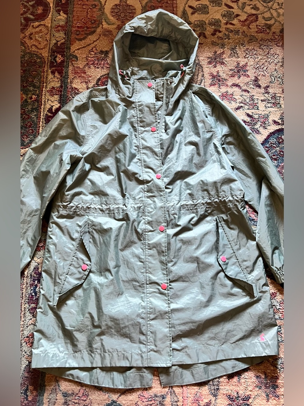 Joules Light Olive Hooded Cinch Waist Rain Trench Coat with Pink Accents